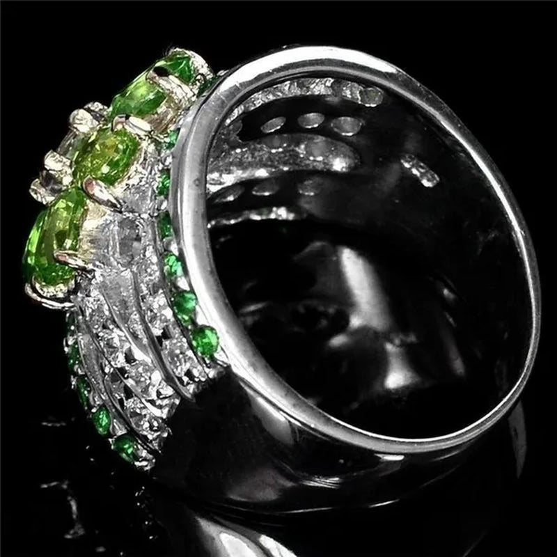 925 Sterling Silver Rings Oval Cut 12.17CT Natural Tsavorite Chrome Diopside Diamond Cocktail Ring Party Wedding Bands