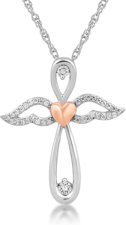 14K Rose Gold over Sterling Silver 1 Cttw Natural White round Diamonds Angel Wing Cross Pendant Eternal Treasures Necklace, 18" Rope Chain