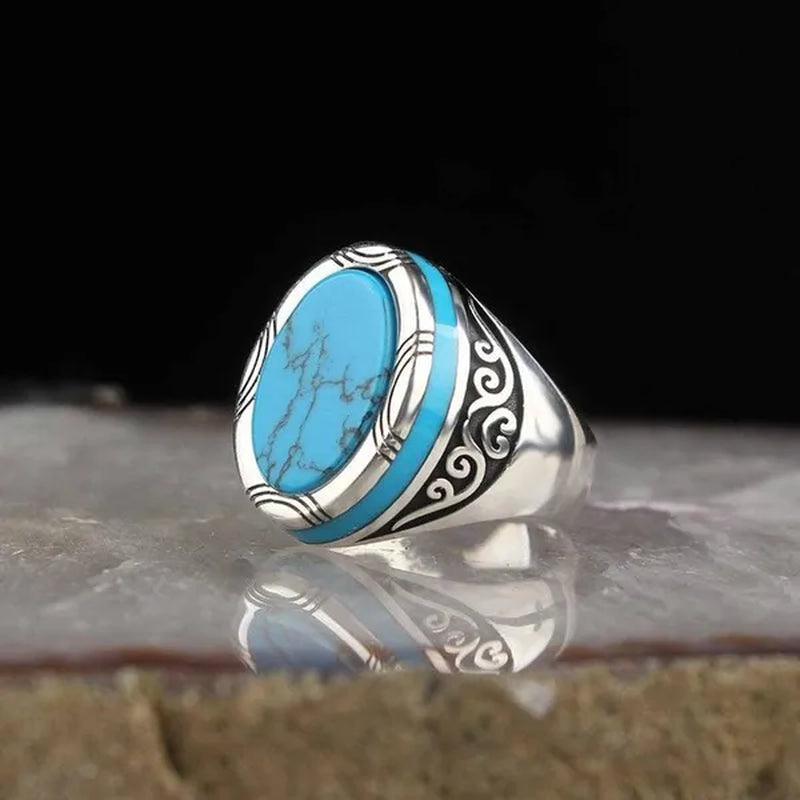Luxury business men fashion 925 Sterling Silver Ring natural gem Turquoise Ring anniversary birthday gift European and American gentleman party ring high-grade jewelry - WORLD TIME VISITS