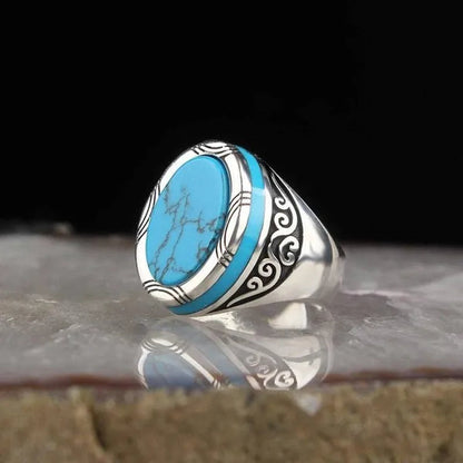 Luxury business men fashion 925 Sterling Silver Ring natural gem Turquoise Ring anniversary birthday gift European and American gentleman party ring high-grade jewelry - WORLD TIME VISITS