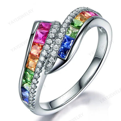 Princess  silver cut Ruby Emerald & Sapphire & Topaz & Ruby Multicolor Natural Gemstone Engagement Bride Ring Jewelry