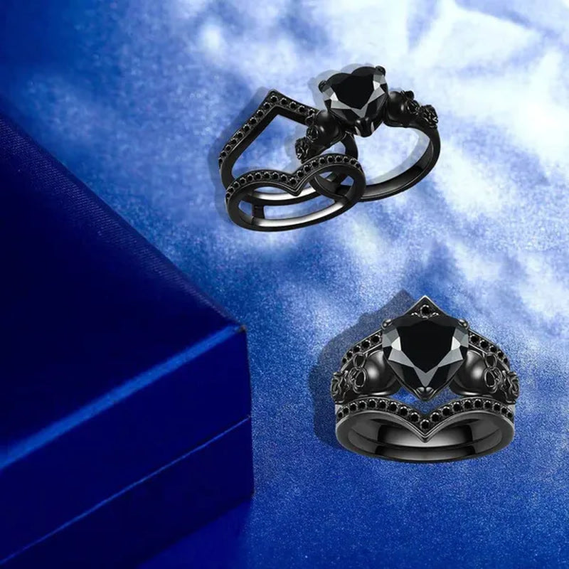 Gothic Black Rose Flower Skull Engagement Rings Set Red Purple Heart-shaped Zircon Crystal Wedding Anniversary Holiday Gift Jewelry