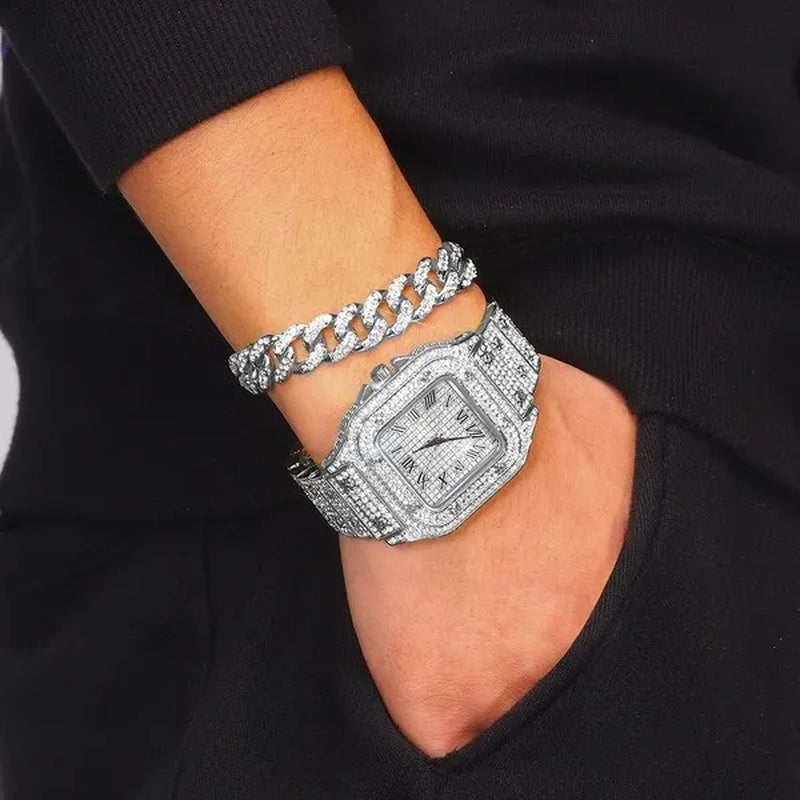 24K Gold / 925 Silver / Rose Gold Stainless Steel Hip Hop Jewelry Iced Out Diamond Thick Miami Cuban Link Chain Necklace Bracelet Watch for Men'S and Women'S Party Jewelry Set Nightclub Bar Fashion Accessories