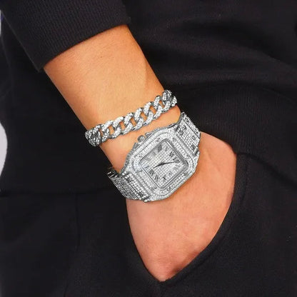 24K Gold / 925 Silver / Rose Gold Stainless Steel Hip Hop Jewelry Iced Out Diamond Thick Miami Cuban Link Chain Necklace Bracelet Watch for Men'S and Women'S Party Jewelry Set Nightclub Bar Fashion Accessories
