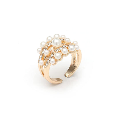Handmade Pearl Ring Stacking Pearl Statement Rings Adjustable Open Pearl Full Finger Ring Trendy Personality Pearl Cluster Jewelry for Women (C)