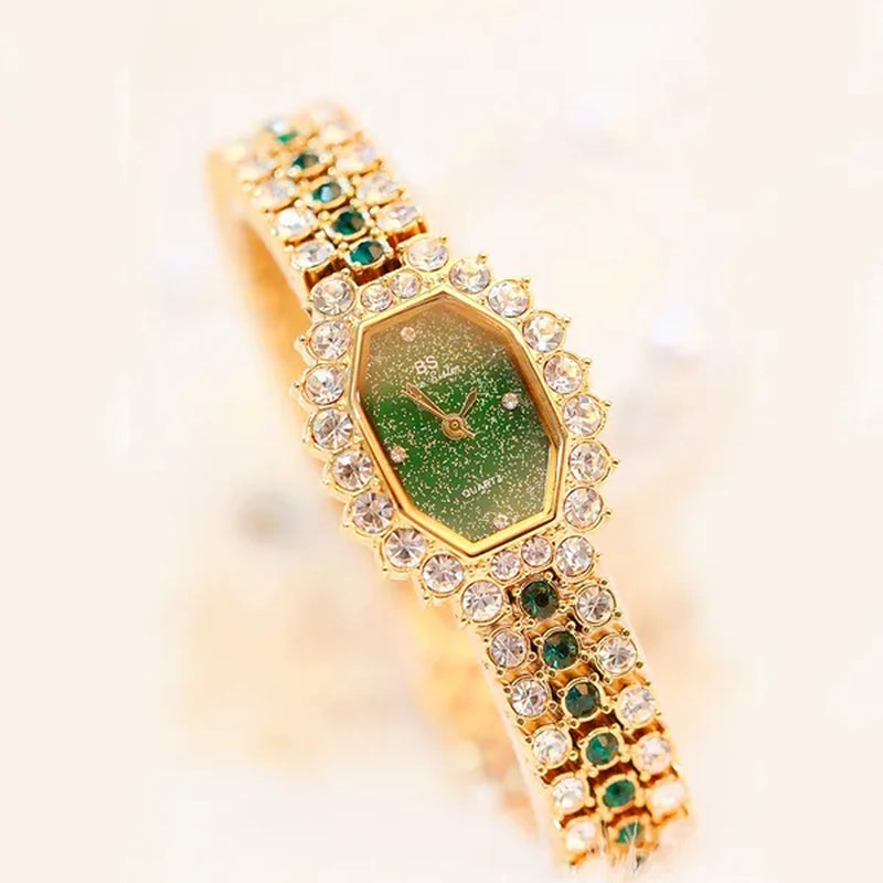 BS Brand Fashion Watches Women Ladies Diamonds Small Bracelet Watch Green Stone Gold Waterproof Montre Femme