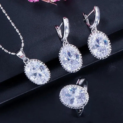 CANDICE Romantic Round Shaped Purple Crystal Sterling Silver Plated Jewelry Set For Party Necklace Earrings Ring Sets（US 6-9)