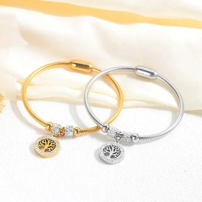 Gold Plated Tree of Life Bangle Bracelet Women Stainless Steel Family Tree Charm Bracelets with AAA Rhinestones & Magnetic Buckle