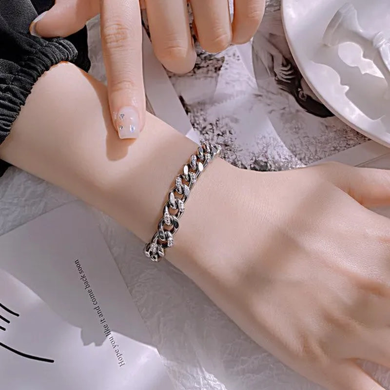 8.5Mm Wide Adjustable Curb Link Chain Bracelet Inlay Delicate Cubic Zirconia CZ Stone for Women Girls Titanium Steel Chunky Cuban Curb Chain Bracelets Bangle Lady Jewelry Silver / Gold