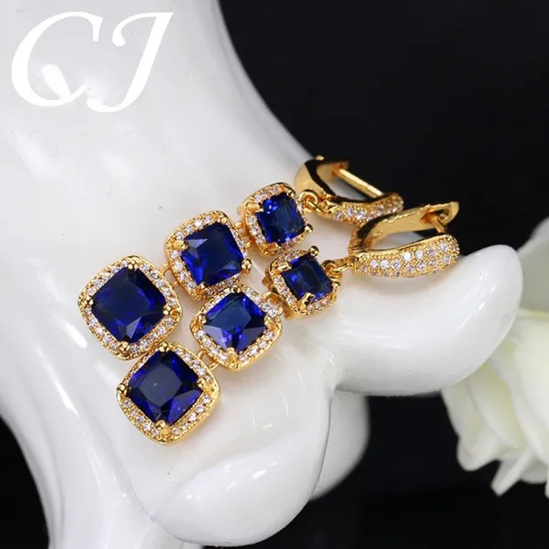 CANDICE  Luxury Yellow Gold Plated Drop Earrings Jewelry Square Red Cubic Zircon Stones Long Earring For Women