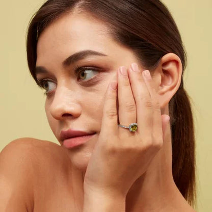 Cushion-Cut Peridot and Diamond Ring in 14K White Gold