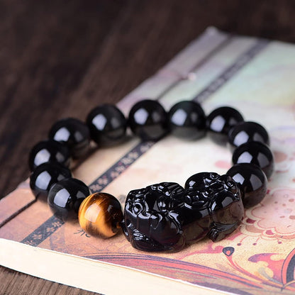 Beaded Bracelets,Protection Bracelets for Men Women，Feng Shui Bracelet Amulet Pixiu Black Vintage Bracelet Natural Black Obsidian Tiger Eye Beaded Chakra Balancing Bracelet Crystal Ward-Off Evil Spiri