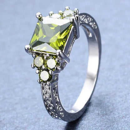 Unique Princess Cut Peridot Sapphire 925 Silver Platinum Ring Exquisite Dainty Ring Size 5-11