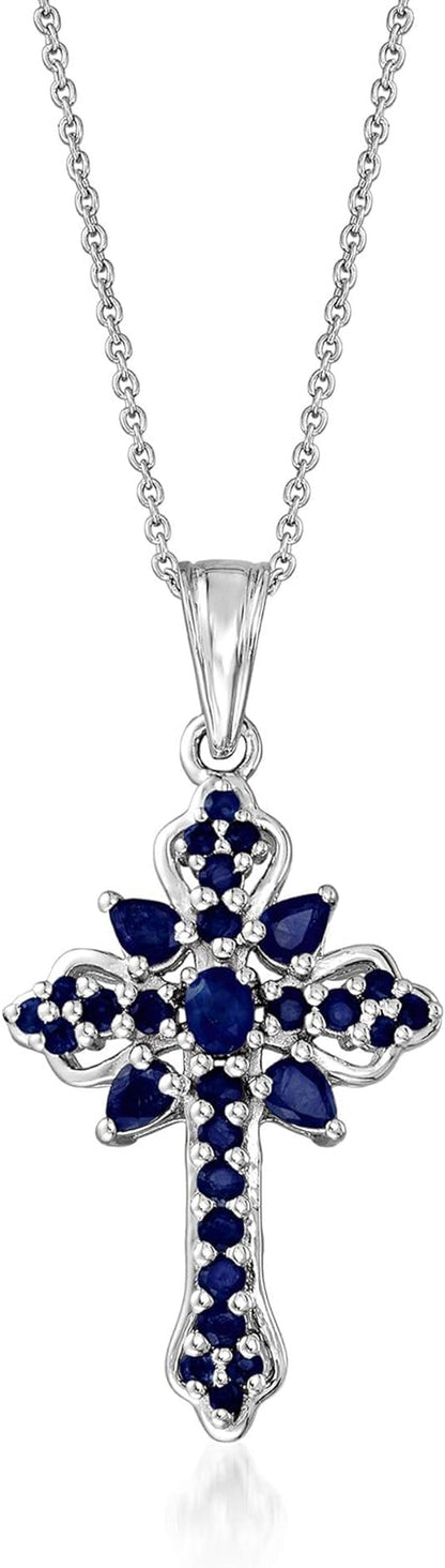 1.42 Ct. T.W. Sapphire Cross Pendant Necklace in Sterling Silver. 18 Inches