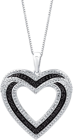 Sterling Silver Necklace with Natural Round-Cut Black Diamond and Heart Shaped Pendant, 18-Inch White Silver Chain, 1/4 Carat Total Weight Diamonds, Elegant Gift Box Included