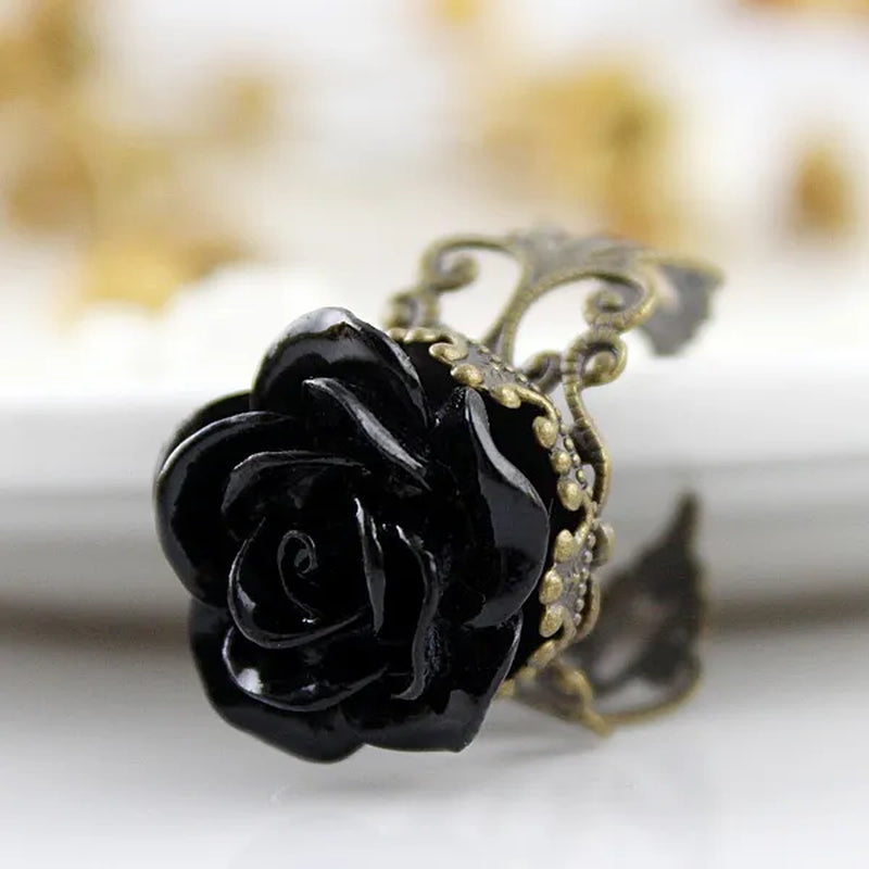 Gothic Black Rose Resin Vintage Hollow Out Alloy Rings fashion jewelry accessories