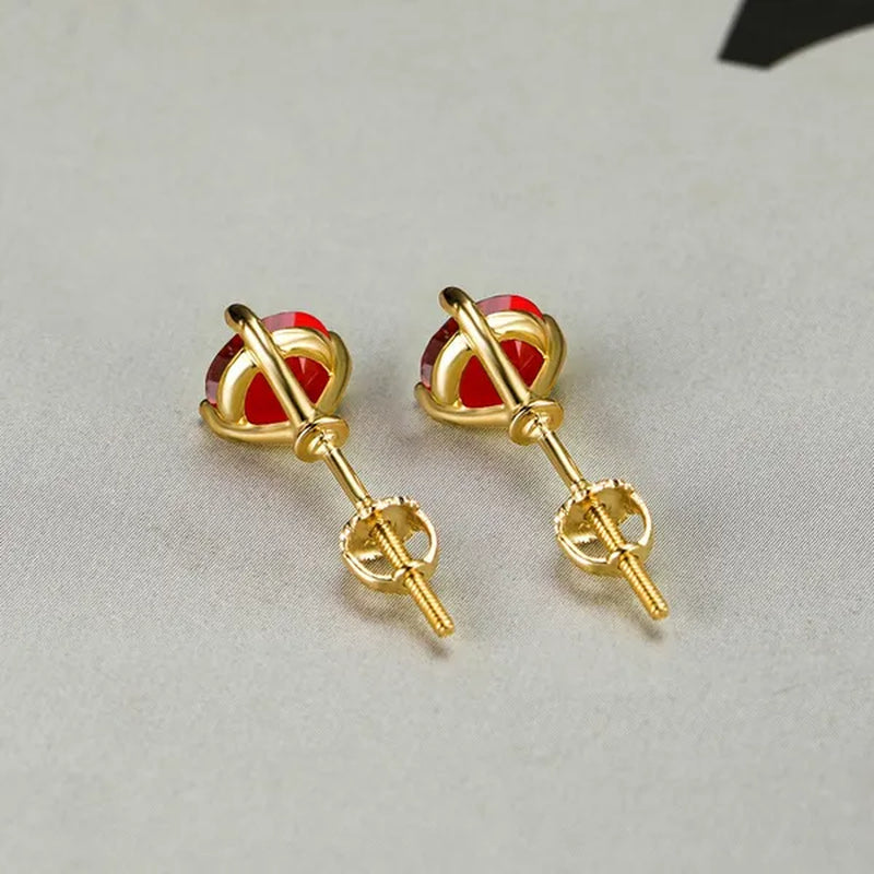 18K Gold Three-Prong Martini Round Ruby Stud Earrings Bride Wedding Engagement Jewelry Gifts 7mm/8mm