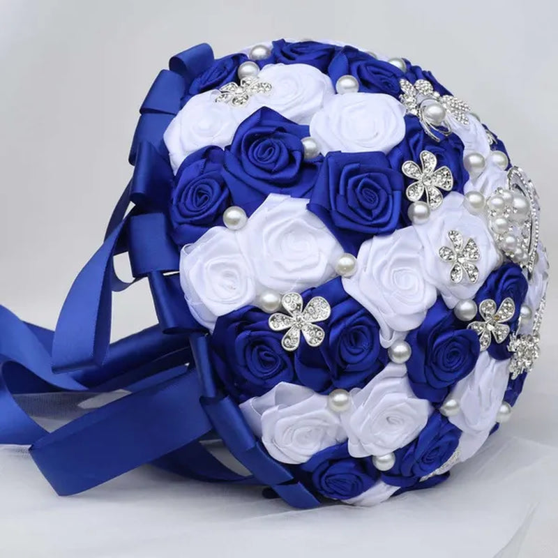 24Cm 10 Styles Can Choose Royal Blue Silver Brooch Wedding Bouquets Silk Rhinestone Artificial Rose Flowers Bridesmaid Mariage Bouquets Wedding Accessories W125