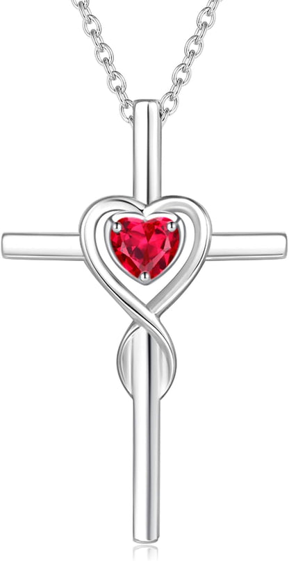 Birthstone Cross Necklace for Women Birthstone Necklace Heart Infinity Cross Pendant Necklace Fine Jewelry Christmas Valentines Day Gifts Birthday Holiday Gifts for Her, 16"+2" Inches