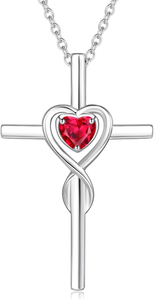 Birthstone Cross Necklace for Women Birthstone Necklace Heart Infinity Cross Pendant Necklace Fine Jewelry Christmas Valentines Day Gifts Birthday Holiday Gifts for Her, 16"+2" Inches