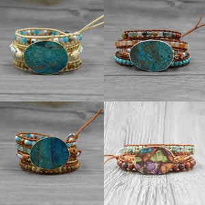 Vintage Boho Handmade Turquoise Charm Natural Stone Beads Bracelets Adjustable Wrap Leather Bracelet Jewelry