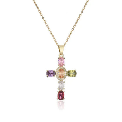 Fashion Jewelry Luxurious Temperament Gold-Plated Sapphire Emerald Ruby Topaz Amethyst Cross Pendant Necklace