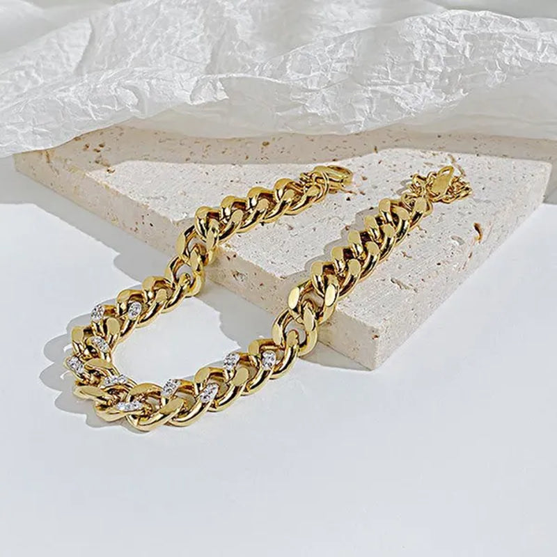 8.5Mm Wide Adjustable Curb Link Chain Bracelet Inlay Delicate Cubic Zirconia CZ Stone for Women Girls Titanium Steel Chunky Cuban Curb Chain Bracelets Bangle Lady Jewelry Silver / Gold