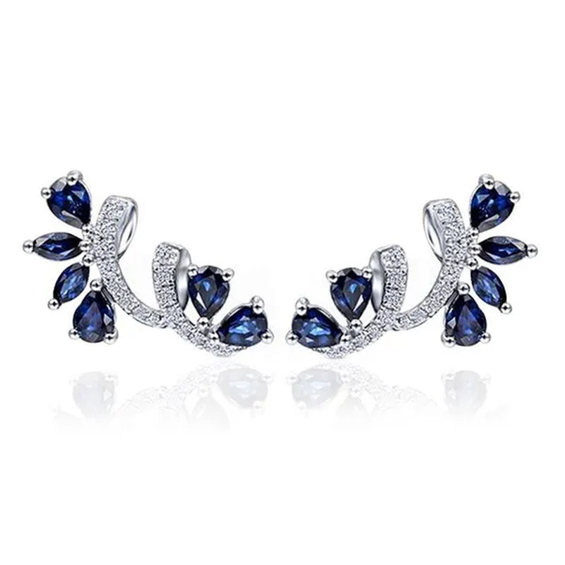 Trendy Women Climbing Earrings Cubic Zirconia Blue Sapphire Earrings Bridal Wedding Flower Earrings Valentine'S Day Gift