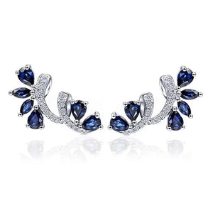 Trendy Women Climbing Earrings Cubic Zirconia Blue Sapphire Earrings Bridal Wedding Flower Earrings Valentine'S Day Gift