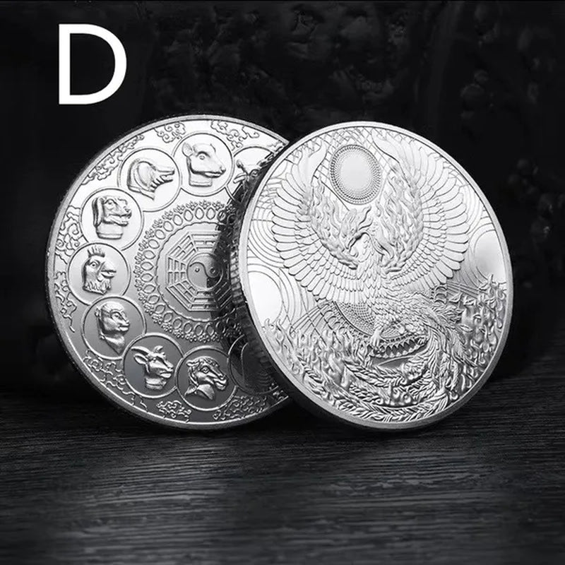 Divine Bird Phoenix Zodiac Commemorative Coin Chinese Lucky Auspicious Divine Bird Replica Gold-Plated Silver Collectible Gift Craft Souvenir