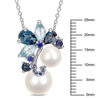 7-9 Mm round Freshwater Cultured Pearl with Blue Topaz and Sapphire Pendant in Sterling Silver