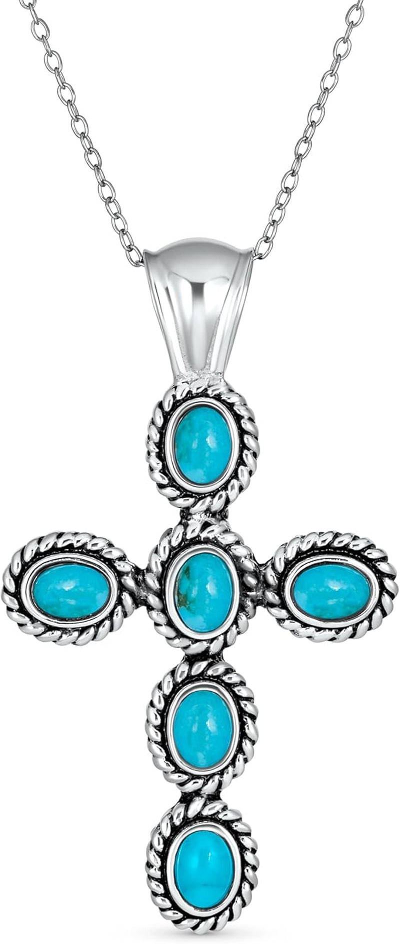 South Western Style Stabilized Turquoise Rope Bezel Set Cross Pendant Necklace for Women .925 Sterling Silver More Colors