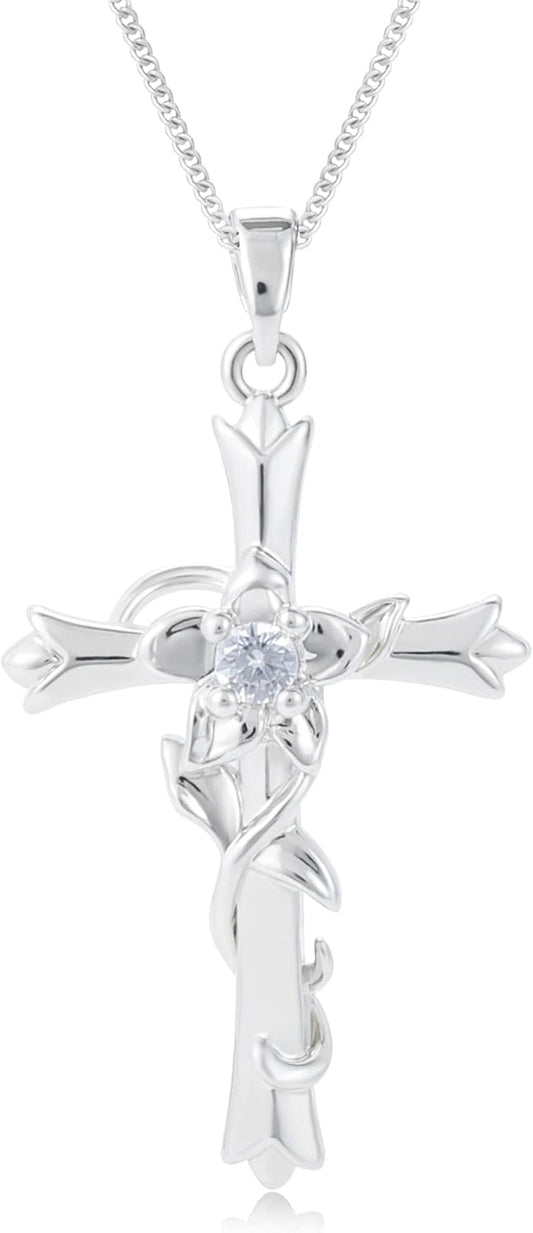 Cross Necklace for Women | Silver Faith Birthstone Cross Pendant with Birth Flower Jewelry Gifts for Teen Wife Women for Birthday Anniversary