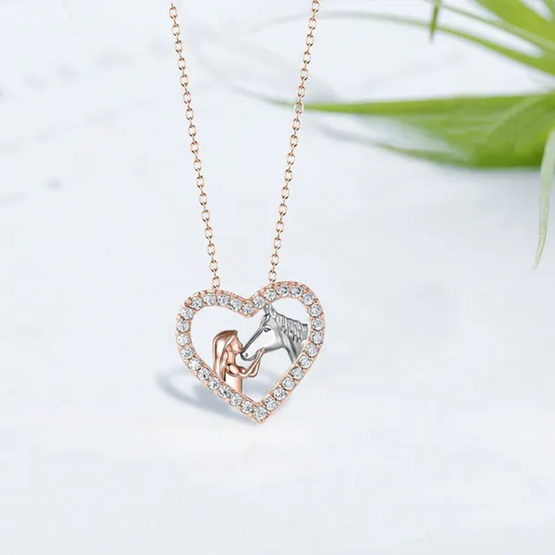 Exquisite Fashion Women's Creative Girl and Horse Necklace Heart Diamond Pendant Necklace Women's Animal Jewelry Accessories Birthday Anniversary Gift
