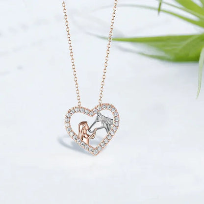 Exquisite Fashion Women's Creative Girl and Horse Necklace Heart Diamond Pendant Necklace Women's Animal Jewelry Accessories Birthday Anniversary Gift