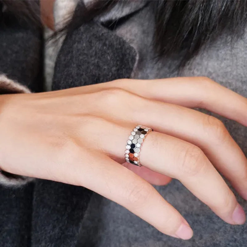 Women's fashion silver-plated honeycomb hexagon diamond ring rose gold -plated jewelry bridal engagement party ring wedding jewelry gift (size 5-11)