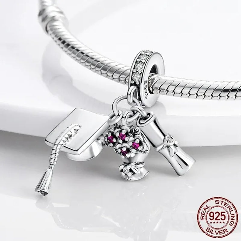 Graduation Flower Diploma Charm 925 Silver Pendant Beads Fit Bracelet Necklace Original DIY Women Jewelry Gift