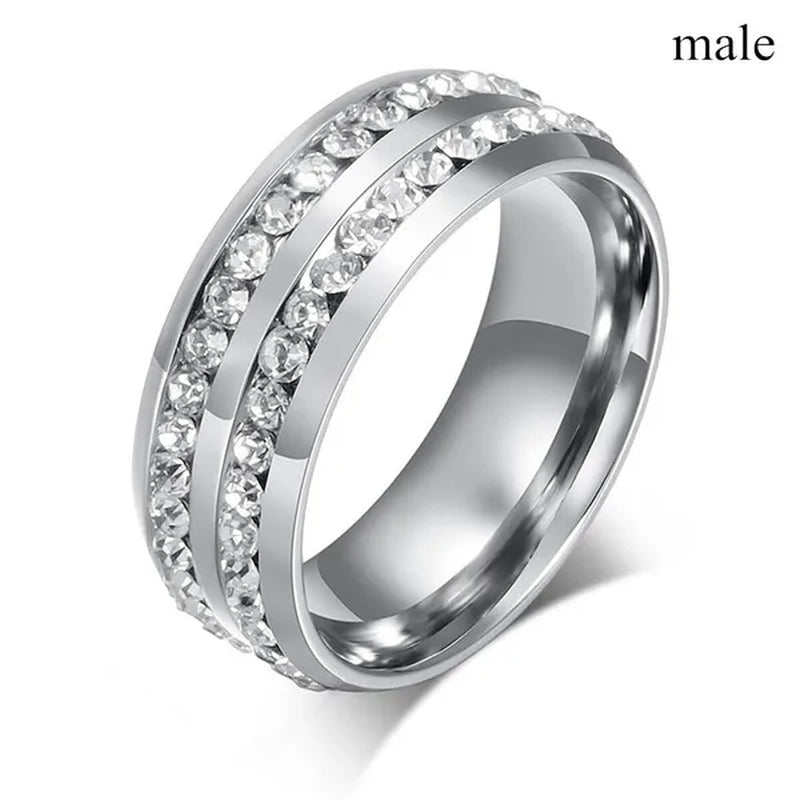 2020 Romantic Couple Jewelry Men's 316 Stainless Steel Double Row Zircon Ring And Ladies Heart Ring Set Couple Ring Bride Wedding Engagement Jewelry(Include: man ring or woman ring)