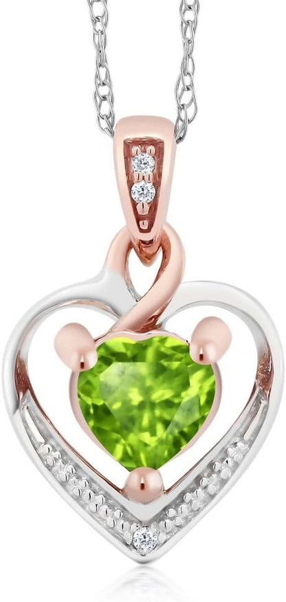 10K White and Rose Gold 5MM Peridot and Diamond Heart Shape Pendant Necklace for Women (0.50 Cttw, Gemstone Birthstone, with 18 Inch Chain)