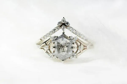 Salt and Pepper Diamond Engagement Ring Hexagon diamond engagement ring bridal ring alternative ring
