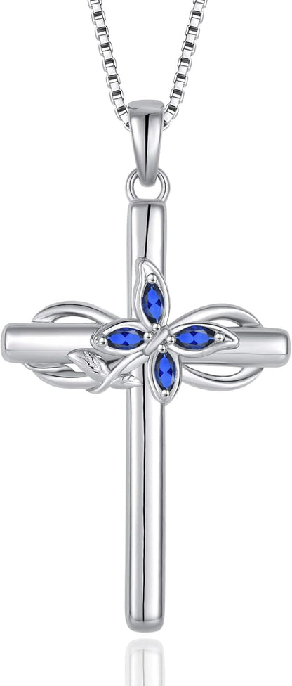 Cross Necklace for Women 925 Sterling Silver Infinity Butterfly Cross Pendant Necklace Birthstone Jewelry Gifts for Her