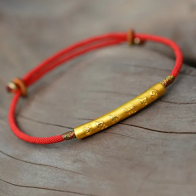 Tibetan Buddhism 999 Sterling Silver Six Words Mantra Charm Bracelet Lucky Red Wax String Handmade Amulet Jewelry