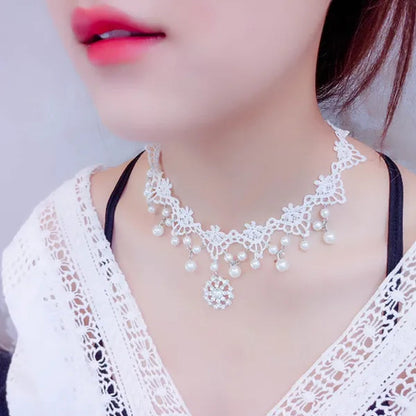 White Lace Necklace Chokers Black Collares Vintage Style Female Gothic Wedding Red Rose Crystal Diamond Pendant Collarbone Necklaces Chain Accessories for Women Girls - WORLD TIME VISITS