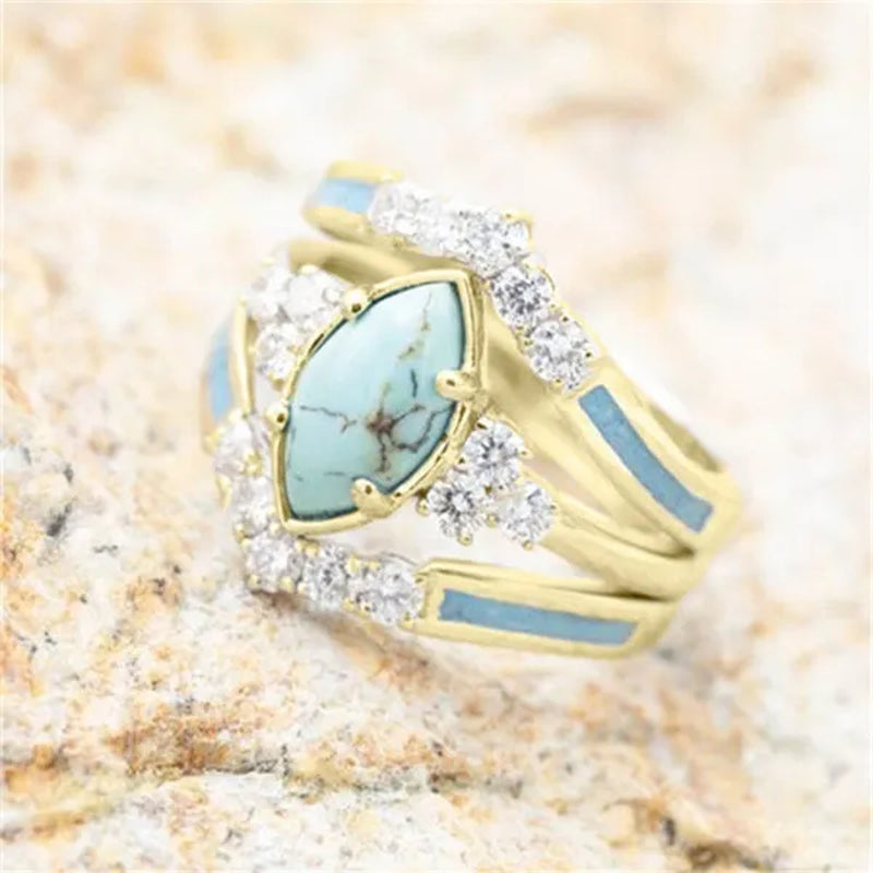 Newest 3Pcs/Set Women'S 18 K Gold Multilayer Hollow Turquoise Ring Band Exquisite Moissanite Engagement Wedding Rings Ethnic Anniversary Birthday Christmas Gift Jewelry