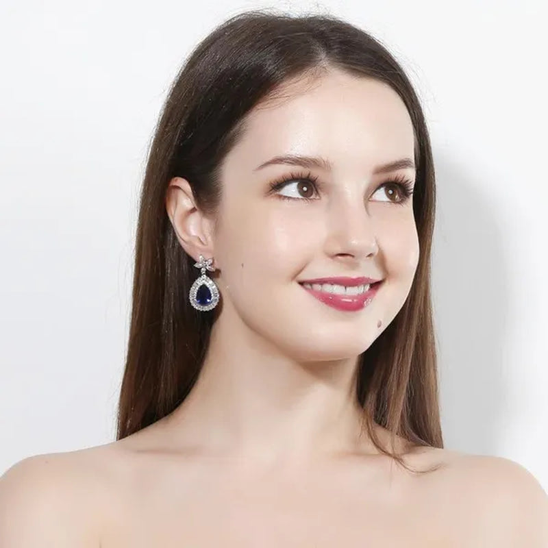 CANDICE Luxurious CZ Wedding 4 Pcs Set for Bridal Sparkling Water Drop Blue Zirconia White Gold Plated Necklace Earrings Bracelet Ring Sets