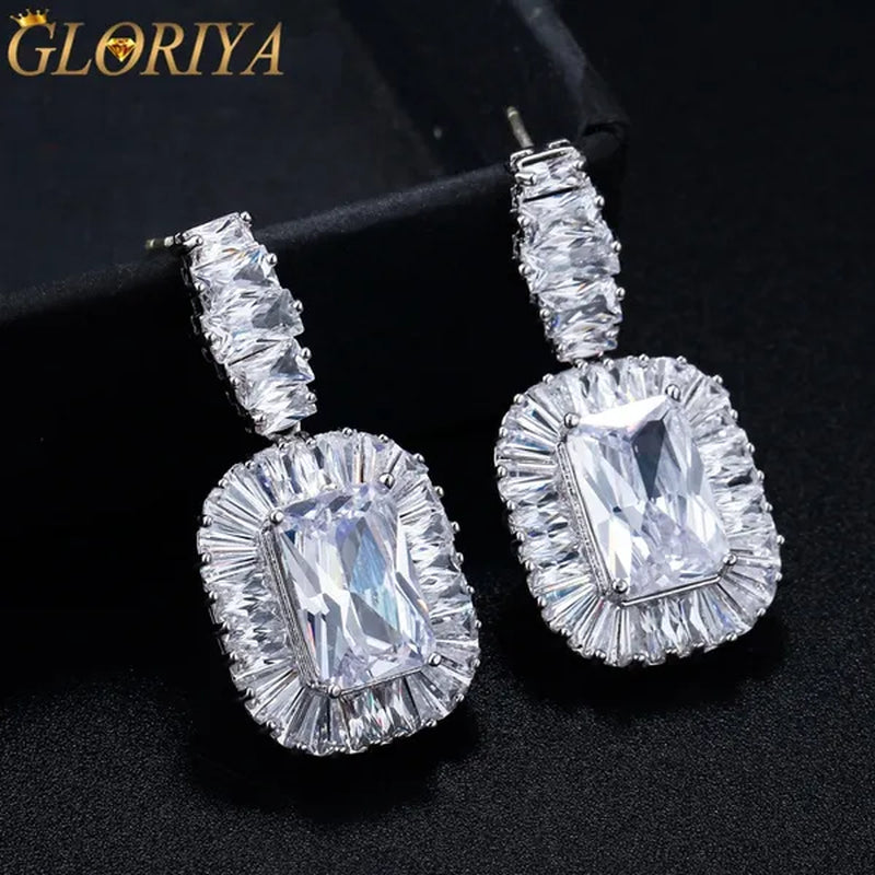 Gloriya Noble Delicate Princess Cut AAA Cubic Zirconia Jewelry Wedding Bridal Silver Plated Drop Earring for Girl Women Party Gift