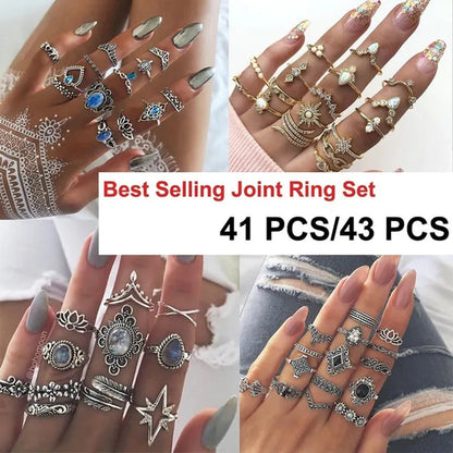43 Pcs/3 Set Best Selling English Virgin Mary Diamond Simple Pattern Joint Ring Set Small Flower Leaf Rings For Women