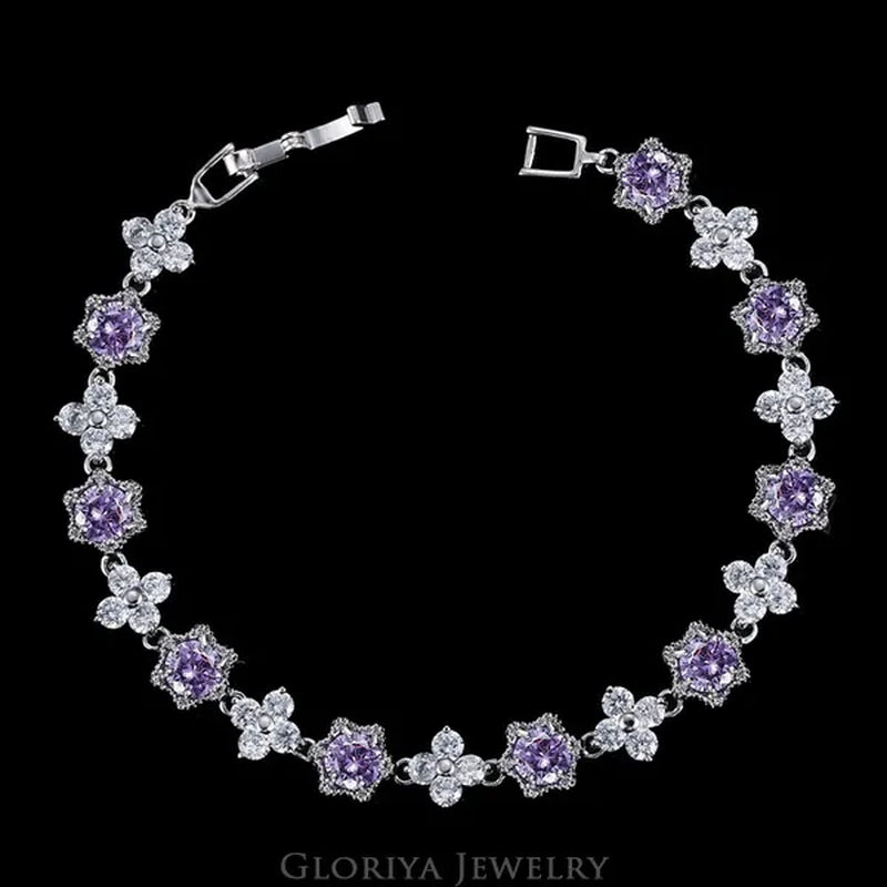 Gloriya Elegant Goddess Silver Plated Link Bracelet Cluster Flower Shape White and Blue AAA Grade Zircon Charm Tennis Bracelet for Women
