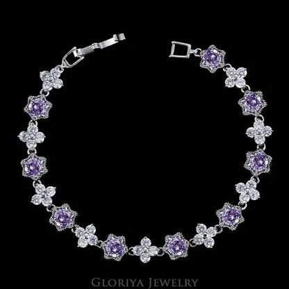 Gloriya Elegant Goddess Silver Plated Link Bracelet Cluster Flower Shape White and Blue AAA Grade Zircon Charm Tennis Bracelet for Women