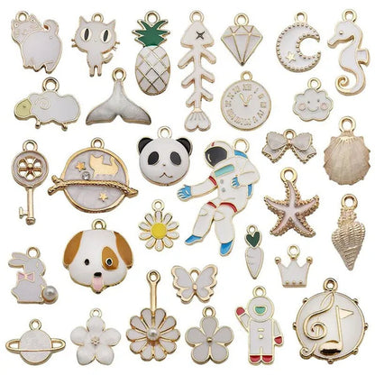 30Pcs Mixed Pattern Pink Drop Oil Fish Flower Horse Enamel Charm DIY Jewelry Bracelet Necklace Pendant Gold Tone Float Finding